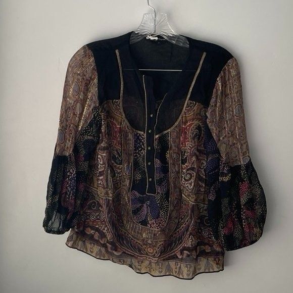 Nanette Lepore Sheer Silk Women’s Top Gold Flex Size 6 Boho Designer Flowy - Picture 3 of 12